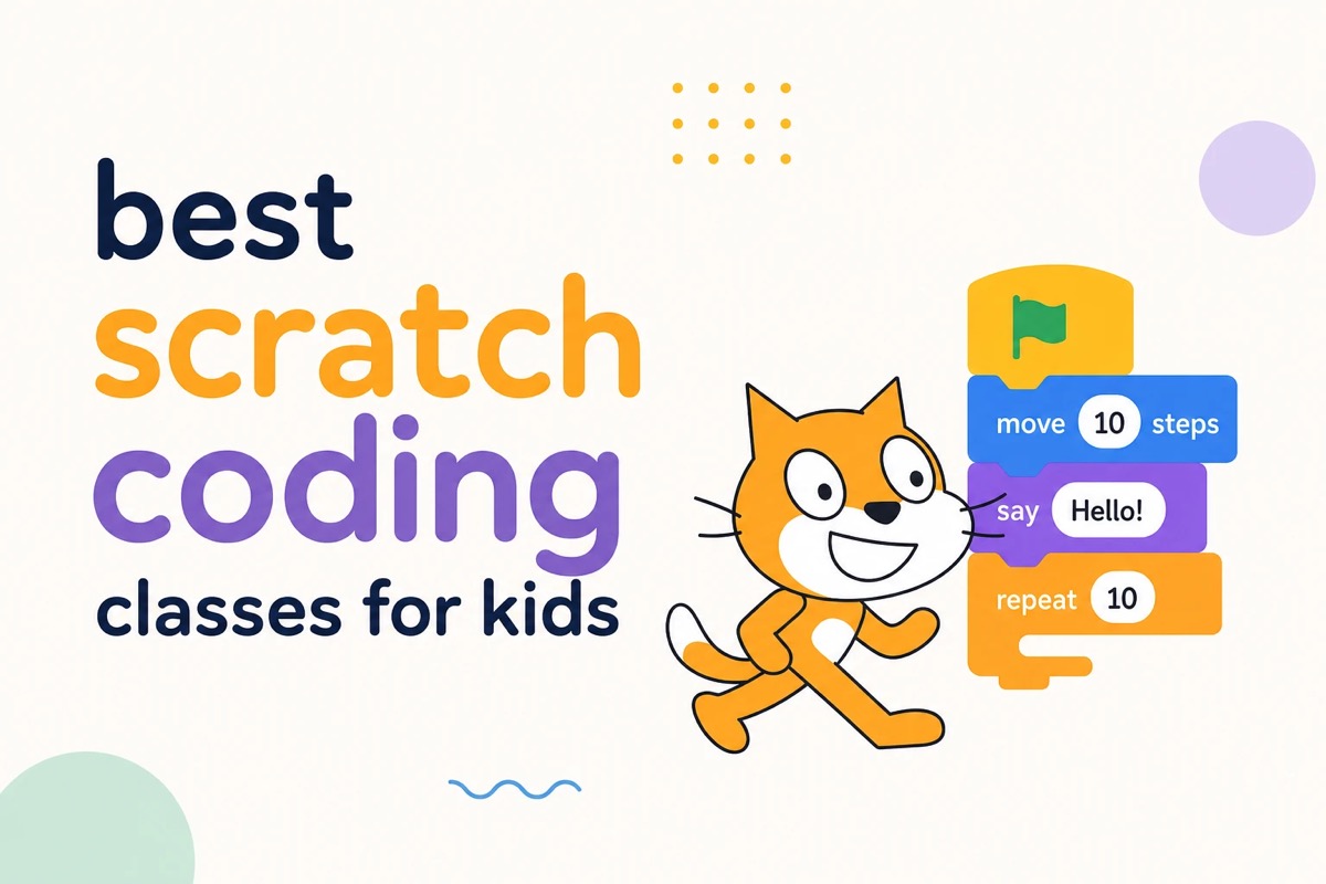 Best Scratch coding classes for kids — the Scratch cat with code blocks