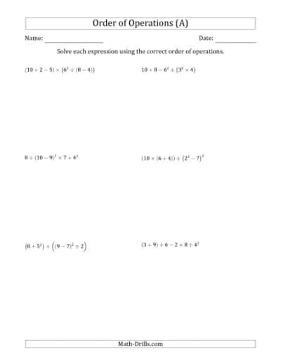 Order of Operations Worksheets 1 of 3