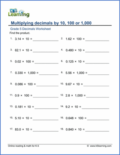 K5 Learning 5th Grade Math Worksheets 1 of 3