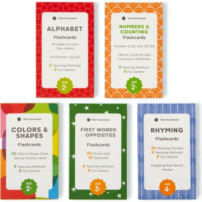 Preschool Flash Cards Bundle - Alphabet, Numbers, Counting, Colors, Shapes, First Words, Opposites, Rhyming