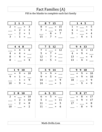 Fact Family Worksheets