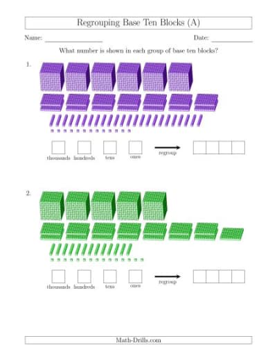 Base Ten Blocks Worksheets