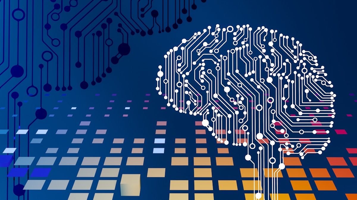 Abstract circuit board forming the shape of a brain, representing artificial intelligence